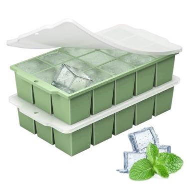 Imagem de MEIJO Bandeja de silicone para cubos de gelo com tampas, 15 bandejas quadradas flexíveis de liberação fácil para freezer, molde de cubo de gelo empilhável e reutilizável para uísque, coquetéis, comida