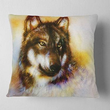 Imagem de Designart Brown Wolf Illustration' Manta abstrata sala de estar, sofá, enchimento de almofada de alta qualidade + capa de almofada impressa em ambos os lados 45,72 x 45,72 cm
