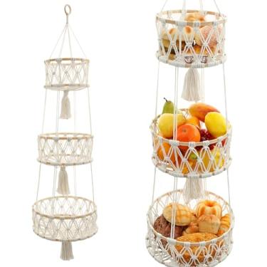 Imagem de Cesta de frutas pendurada em 3 camadas, cesta pendurada com economia de espaço, cesta suspensa de tecido de corda de algodão para armazenamento de frutas e vegetais, cesta decorativa multifuncional