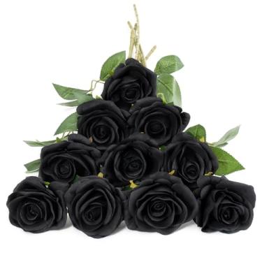 Imagem de DuHouse 10 peças de rosas pretas falsas flores artificiais de seda artificial flor de rosas artificiais buquê de hastes longas para arranjos de peça central de mesa de casamento decoração de casa cozinha (preto)