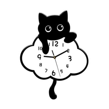 Imagem de Fenteer Relógio de parede de gato com números arábicos pretos silenciosos e cauda giratória, relógio de pendurar para loja, casa, fazenda, inauguração de, Style C