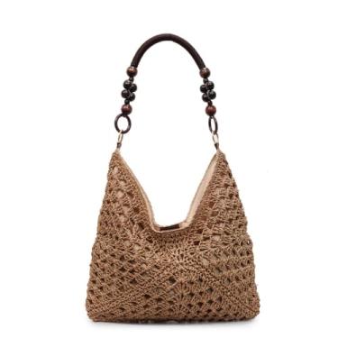 Imagem de OANEXX Bolsas Hobo de palha de verão para mulheres, boho, malha tecida, praia, bolsa de ombro para férias de crochê de grande capacidade, Marrom