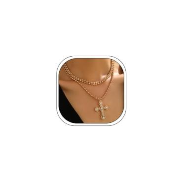 Imagem de RTY Colar de cruz grossa dourada para mulheres, corrente moderna com contas de zircônia cúbica, colar gargantilha com cruz empilhável em camadas, joias modernas, one size, Zinco, Sem Pedra Preciosa