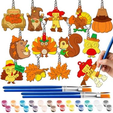 Imagem de 24 peças de artesanato de outono de Ação de Graças, colora seus próprios chaveiros, chaveiros de madeira em branco, kits de presentes para festa de Ação de Graças, escola, casa, lembrancinhas ativas
