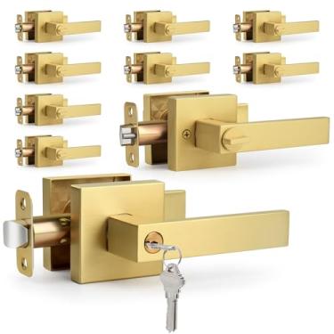 Imagem de LOQRON 10 maçanetas de porta de entrada resistentes com chave por atacado, design quadrado, maçaneta de porta interior/exterior com chave e fechadura, alça reversível para fechadura de porta de