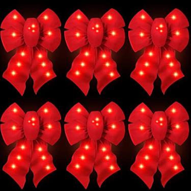 Imagem de Maysing Pacote com 6 laços de Natal vermelhos pré-iluminados grande LED veludo vermelho laço de guirlanda de Natal 30,5 cm x 48,3 cm laço vermelho com 30 luzes para presentes grandes decorações de