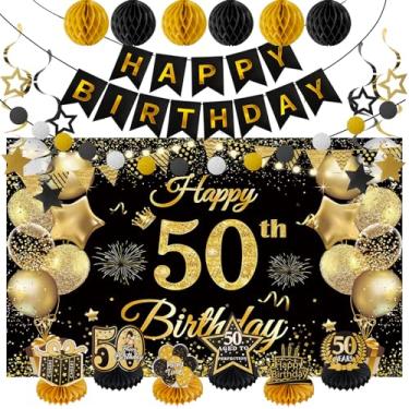 Imagem de Faixa de decoração de festa de aniversário para 30/40/50/60 (preto e dourado, aniversário de 50 anos)