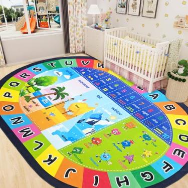 Imagem de USTIDE Tapete oval grande infantil 1,5 m x 25 cm, alfabeto ABC, tapete oval para sala de aula, formas, tapete de brincar antiderrapante para crianças, sala de jogos, sala de aula