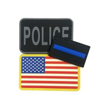 Imagem de uuKen 3 peças de adesivos de PVC 7,6 x 5 cm para chapéus, bonés, bolsas, mochilas, coletes roupas (3 peças, cinza, bandeira, linha azul fina)