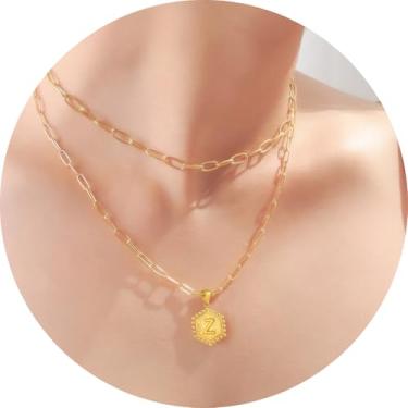 Imagem de Colar personalizado com pingente de letra A-Z, design hexagonal de corrente de camada dupla, joia minimalista de aço inoxidável para mulheres, F, Aço inoxidável, Sem Pedra Preciosa
