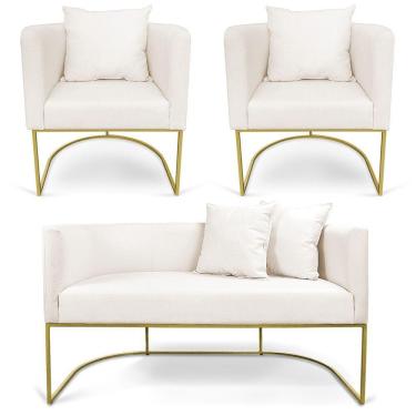 Imagem de Kit 01 Namoradeira 02 Lugares E 02 Poltronas Paola Linho Areia A27 Base Metálica Dourado