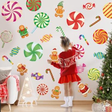 Imagem de SHUCHING 55 peças de decalques de parede DIY Candy Cane Peel and Stick, adesivo de parede de homem de gengibre de Natal, decoração de festa de Natal Candyland