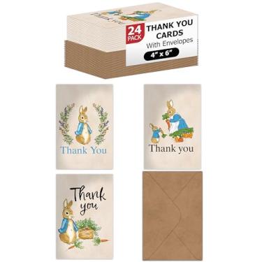 Imagem de Pro Supply Global 24 cartões de agradecimento Peter Rabbit pré-dobrados 10 x 15 com interior em branco para deixar uma nota e envelopes - Diversos cartões comemorativos vêm em 3 designs