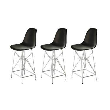 Imagem de Kit 3 Banquetas Bistrô Alta Eames Eiffel Preta Base Ferro Branco - Cor: Preto