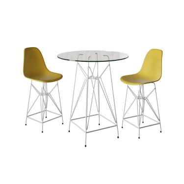 Imagem de Jogo Mesa Bistrô Eames Vidro 60Cm 2 Banquetas Amarela Base Ferro Branco - Cor: Branco