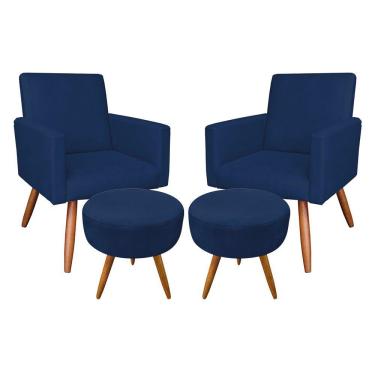 Imagem de Kit 2 Poltronas E 2 Puffs Redonda e Azul Marinho