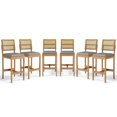 Imagem de Kit Com 6 Banqueta Milena Madeira Maciça Assento Estofado Encosto De Tela Palha Sextavada Veludo Chumbo 109