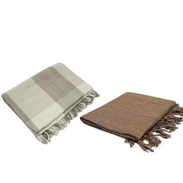 Imagem de Kit 2 Mantas Para Sofá Luxo Terracota 120x210 cm – Decoração e Proteção de Sofá com Detalhes em Franja (Café Mscld C-Cru/Marrom Mscld)