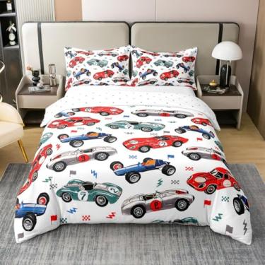 Imagem de jejeloiu Capa de edredom infantil de carro de corrida, 100% algodão, tamanho Queen, desenho de caminhões de corrida, para meninos e meninas, branco, vermelho, azul, capa de edredom com bandeira