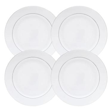 Imagem de Jogo De Pratos Fundo Kit 4Pcs 21Cm Borda Prata Mônaco Branco