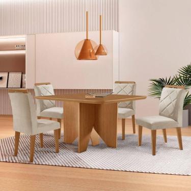 Imagem de Mesa Evora 90 Mdf Com 4 Cadeiras Melissa Veludo Creme Naturalle