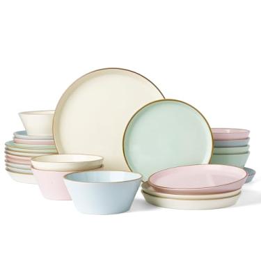 Imagem de Famiware Conjunto de louça Saturn de grés para 8 (24 peças), pratos e tigelas de cerâmica com acabamento pintado à mão – resistente a lascas e arranhões, pode ir ao micro-ondas e à lava-louças