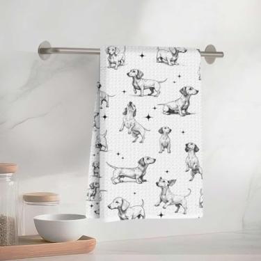 Imagem de Toalhas de cozinha com padrão de dachshund peculiar 33 x 58 cm, toalha de prato decorativa de microfibra absorvente, toalhas de mão de waffle para cozinha, casa, banheiro, presentes para amantes de