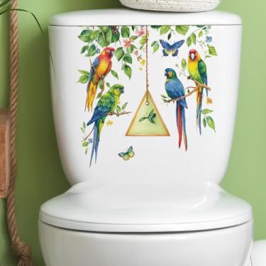 Imagem de Adesivo de tampa de vaso sanitário e tanque de folhas verdes papagaio 28 cm x 28 cm pássaros borboleta plantas verdes decalques capa de assento de vaso sanitário flores buquê floral cisterna adesivos