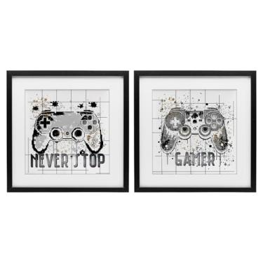 Imagem de Stupell Industries Jogo Gamer Words with Modern Pixels 2 peças de impressão emoldurada preta sob vidro, design por Kim Allen, 40,6 x 40,6 cm