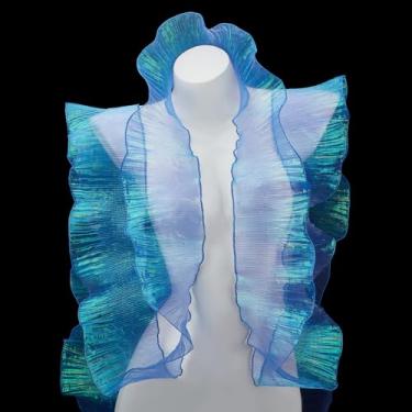 Imagem de letsinstyle Acabamento de chiffon plissado com babados de 10 metros, acabamento de renda de organza azul iridescente, acabamento de tule transparente de tecido de fita retrô para costura, faça você