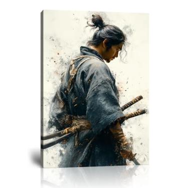 Imagem de chenchenArt Miyamoto Musashi Arte de parede Miyamoto Musashi Picture Wall Decor para escritório sala de estar quarto - Samurai Japonês Impressão em tela emoldurada pronta para pendurar (45,7 cm L x 61