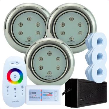 Imagem de Hidraled Kit Iluminação LED RGB para Piscina, 3 Refletores 9W Inox Mini, 3 Nichos para piscina de Fibra, Controle Remoto Touch