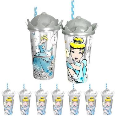 Imagem de Kit 10 Copos 500ml Estampa Cinderela Princesa com Canudo e Tampa Coroa