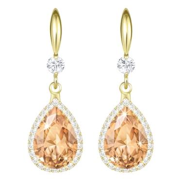 Imagem de Linawe Brincos femininos com pingente de imitação de diamante, brincos de candelabro de gota de strass, conjunto de joias de casamento de zircônia cúbica de cristal de lágrima, ouro 14 K, tom de ouro