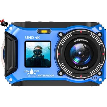 Imagem de SiSuSy Câmera digital – Câmera flutuante 4K 56MP 33FT UHD subaquática para mergulho com cartão de 32 GB, tela dupla, compacta, à prova d'água, à prova de poeira, câmera digital de foco automático