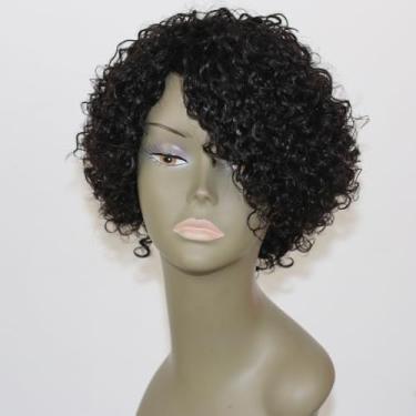 Imagem de ManeMajesty Perucas de cabelo humano encaracolado curto para mulheres negras, afro encaracolado, sem renda, sem cola, parte lateral, peruca Jerry Curl - 100% cabelo humano preto natural