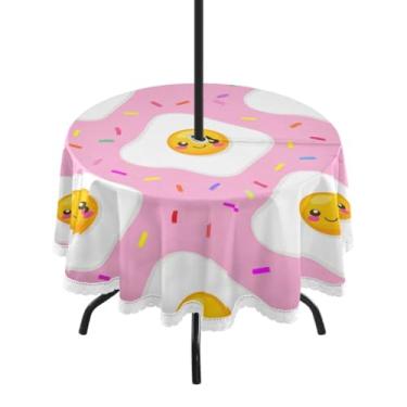 Imagem de Qilmy Fried Eggs Toalha de mesa redonda impermeável de 152 cm com orifício para guarda-chuva e zíper – Uso externo / interno resistente para pátio, churrascos, piqueniques, festas (serve para mesas