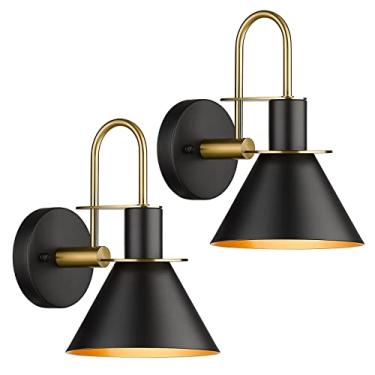 Imagem de Arandela de parede industrial conjunto de 2, luminárias modernas para banheiro com 1 lâmpada, arandela de parede única para quarto, varanda, sobre espelho, pia de cozinha, acabamento preto e dourado, 5HZG56B-2 BK+BG