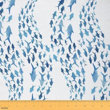 Imagem de jejeloiu Blue Fish Fabric by The Yard Tecido de estofamento listrado abstrato verão oceano à prova d'água decoração interna ao ar livre para projetos de artesanato de costura DIY animais marinhos 1