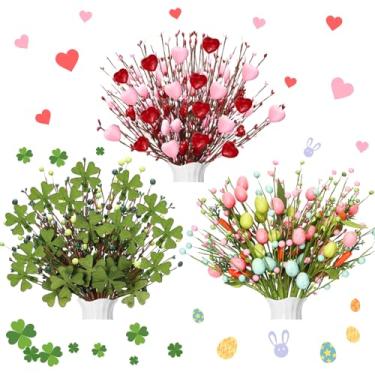 Imagem de Yuefunny 18 peças de hastes artificiais de flores vermelhas para o dia dos namorados, ramos do dia de São Patrício, flores artificiais de ovos de Páscoa em forma de coração, palhetas de flores de