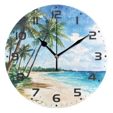 Imagem de JUZIHAI Relógio de parede com palmeiras de praia, silencioso, redondo, sem tique-taque, operado por bateria, fácil de ler, relógio decorativo de parede para casa, cozinha, sala de estar, quarto