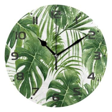 Imagem de JUZIHAI Relógio de parede com padrão de vegetação, silencioso, sem tique-taque, relógios de parede redondos operados por bateria, fácil de ler, relógio decorativo de parede para casa, cozinha, sala de