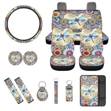 Imagem de gearider Capa de assento de carro Dragonfly conjunto completo com capa de volante, almofadas de cinto de segurança, capas de apoio de braço, porta-copos, porta-copos, porta-chaves, batom, adequado