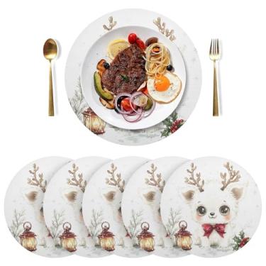 Imagem de Conjunto de 6 jogos americanos de mesa branca para filhotes de rena, conjunto de 6 jogos americanos de PVC, redondo, 38 cm, para uso ao ar livre, tapetes laváveis para festas de Natal