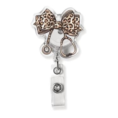 Imagem de Carretel de crachá de enfermeira, carretel de crachá engraçado, presentes para enfermeiras, presentes para enfermeiras, lindo suporte de identificação com laço de leopardo retrátil presente para