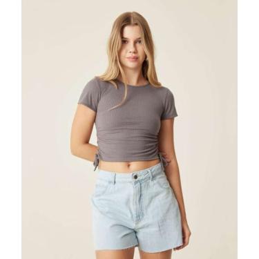 Imagem de Blusa Feminina Canelada Drapeada Manga Curta Marisa-16607, Cinza, P