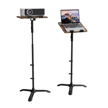 Imagem de ETHU Suporte de chão para laptop, altura ajustável, tripé de projetor de ajuste com uma mão com trava de segurança, suporte de laptop resistente para estúdio de escritório em casa, nogueira