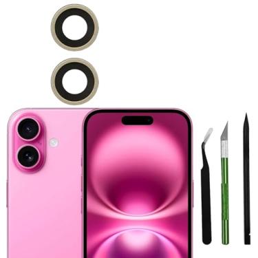 Imagem de 2 peças/conjunto com 16 lentes traseiras de substituição de vidro da câmera para iPhone 16 com adesivo pré-instalado + kit de ferramentas de reparo