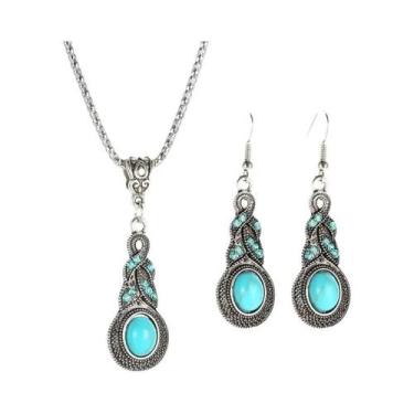 Imagem de Conjunto De Colar E Brincos De Cristal Azul Turquesa Estilo Vintage Pa