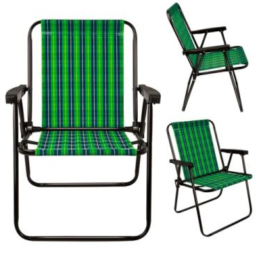 Imagem de Cadeira de Praia Alta Dobrável de Alumínio - Resistente com Apoio de Braço e Tecido Durável, Portátil para Camping, Varanda e Lazer ao Ar Livre (VERDE XADREZ)